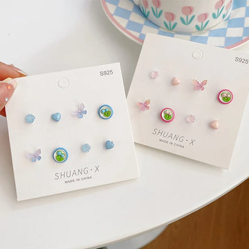 DAIIIBABYYY  -  Korean Fashion Pink Blue Tulip Flower Stud Earrings Set Women Y2K Kpop Butterfly Heart Floral Earring Jewelry Gift